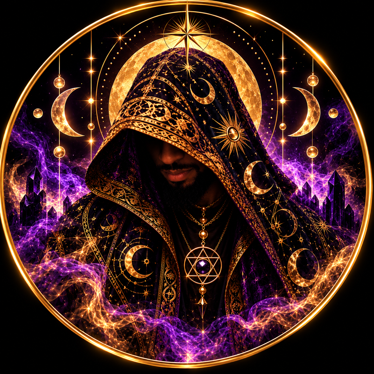 Hooded alchemist surrounded by golden celestial symbols, amethyst crystals, and purple light